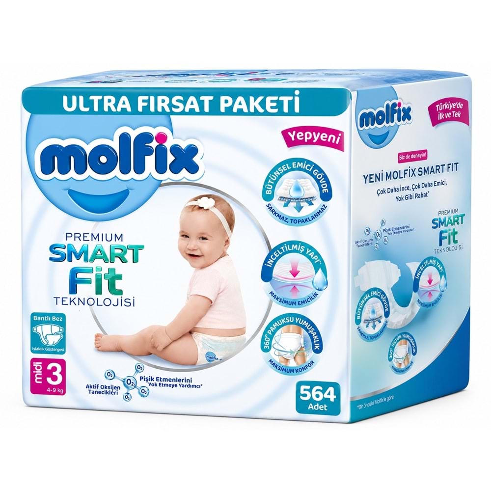 Molfix Premium Smart Fit Bebek Bezi 3 Beden 4-9 KG Midi 564 Adet Ekstra Ultra Fırsat Pk