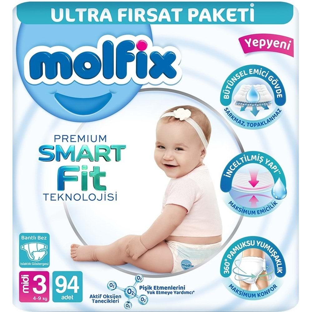Molfix Premium Smart Fit Bebek Bezi 3 Beden 4-9 KG Midi 564 Adet Ekstra Ultra Fırsat Pk