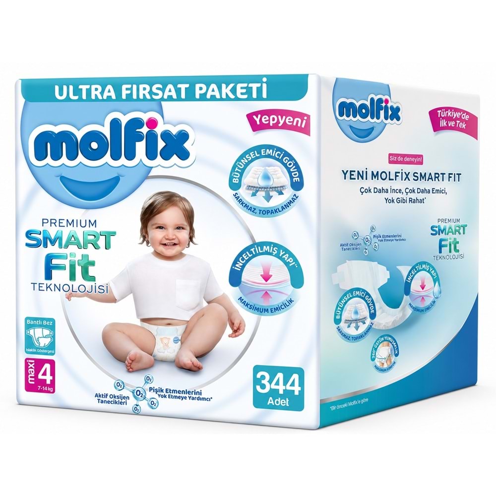 Molfix Premium Smart Fit Bebek Bezi 4 Beden 7-14 KG Maxi 344 Adet Avantaj Ultra Fırsat Pk