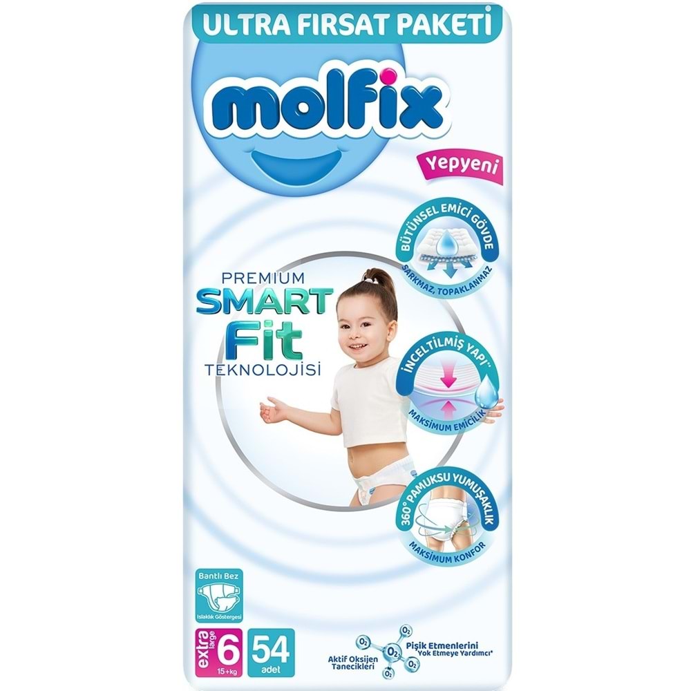 Molfix Premium Smart Fit Bebek Bezi 6 Beden 15+ KG Extra Large 324 Adet Ekstra Ultra Fırsat Pk