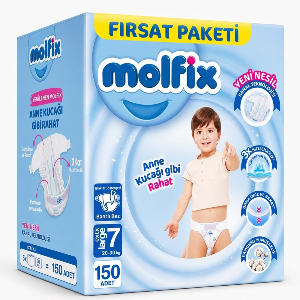 Molfix Bebek Bezi 7 Beden 20-30 KG XX Large 150 Adet Mega Fırsat Pk
