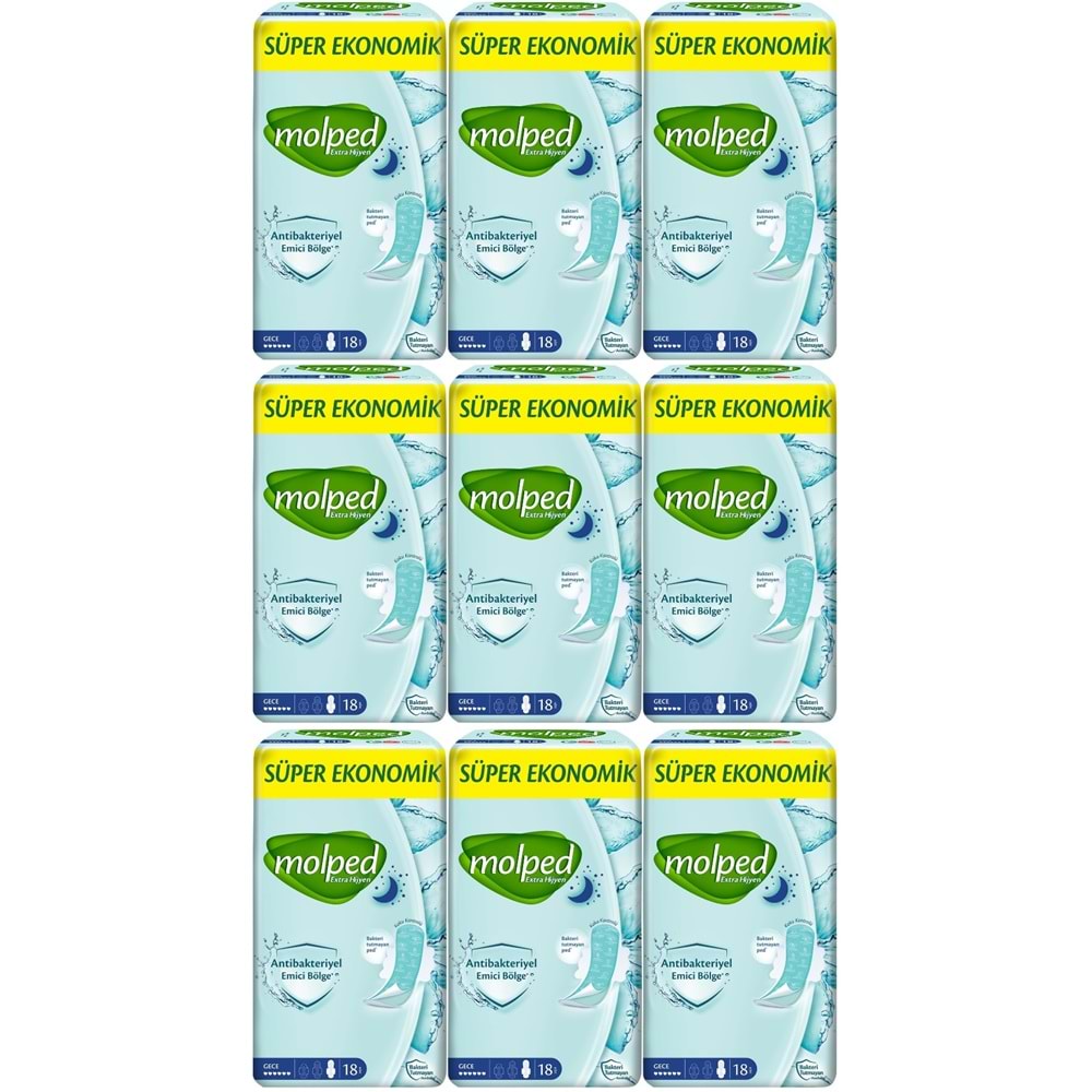 Molped Antibakteriyel Hijyenik Ped Gece 162 Adet Süper Ekonomik Pk (9PK*18)