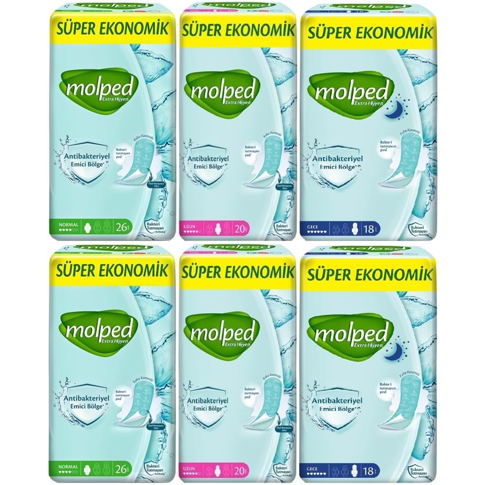 Molped Antibakteriyel Hijyenik Ped Süper Eko Pk Normal + Uzun + Gece 128 Adet Karma Pk