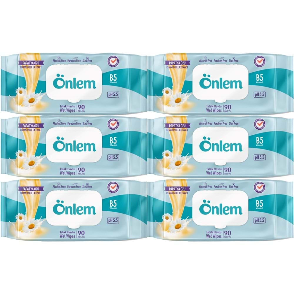 Önlem Islak Havlu Mendil 90 Yaprak Papatya Özü (6 Lı Set) Plastik Kapaklı 540 Yaprak