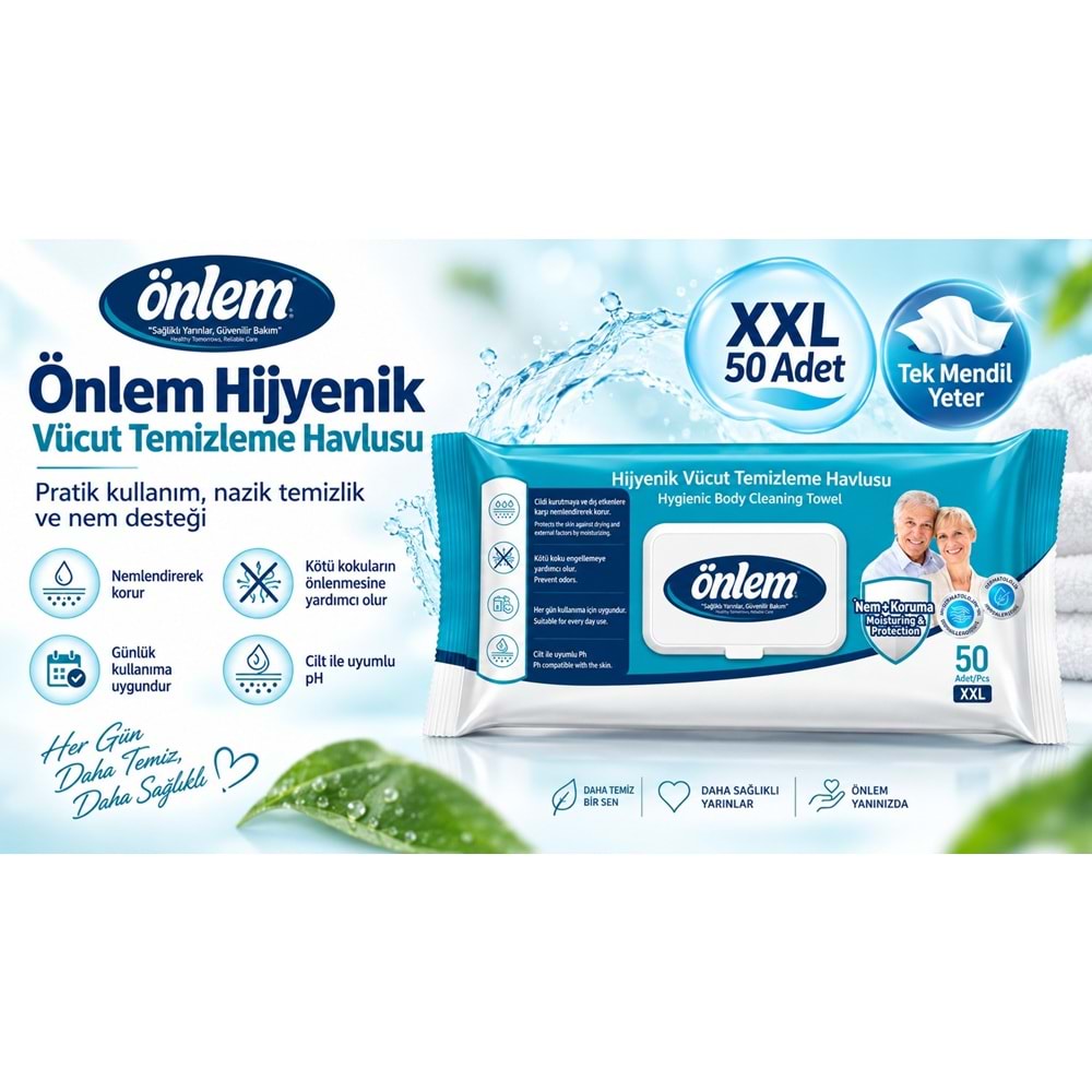 Önlem Hijyenik Vücut Temizleme Islak Mendil Havlu 200 Yaprak (Ebat XXL) (4PK*50)