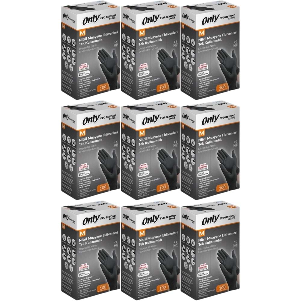 Only Evo Beyond Glove Nitril Siyah Pudrasız Muayene Eldiveni 900 Lü Set M - Medium - Orta (9PK*100)