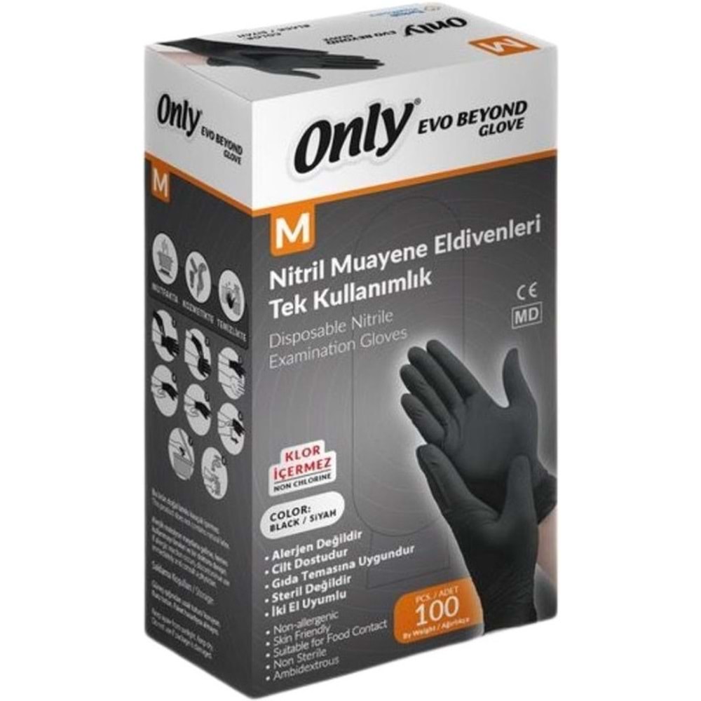 Only Evo Beyond Glove Nitril Siyah Pudrasız Muayene Eldiveni 900 Lü Set M - Medium - Orta (9PK*100)