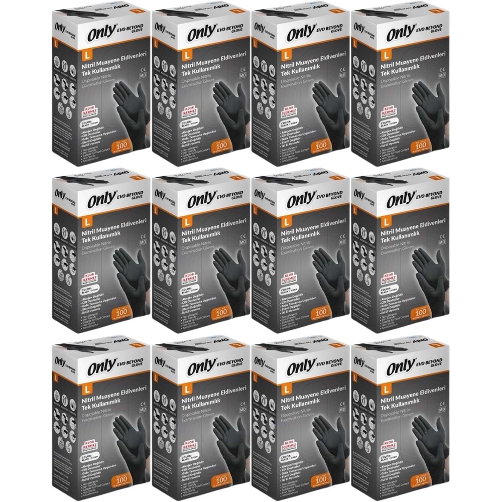 Only Evo Beyond Glove Nitril Siyah Pudrasız Muayene Eldiveni 1200 Lü Set L- Large - Büyük (12PK*100)