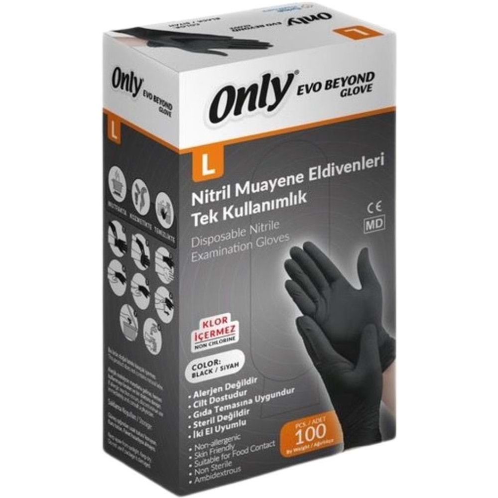 Only Evo Beyond Glove Nitril Siyah Pudrasız Muayene Eldiveni 1200 Lü Set L- Large - Büyük (12PK*100)