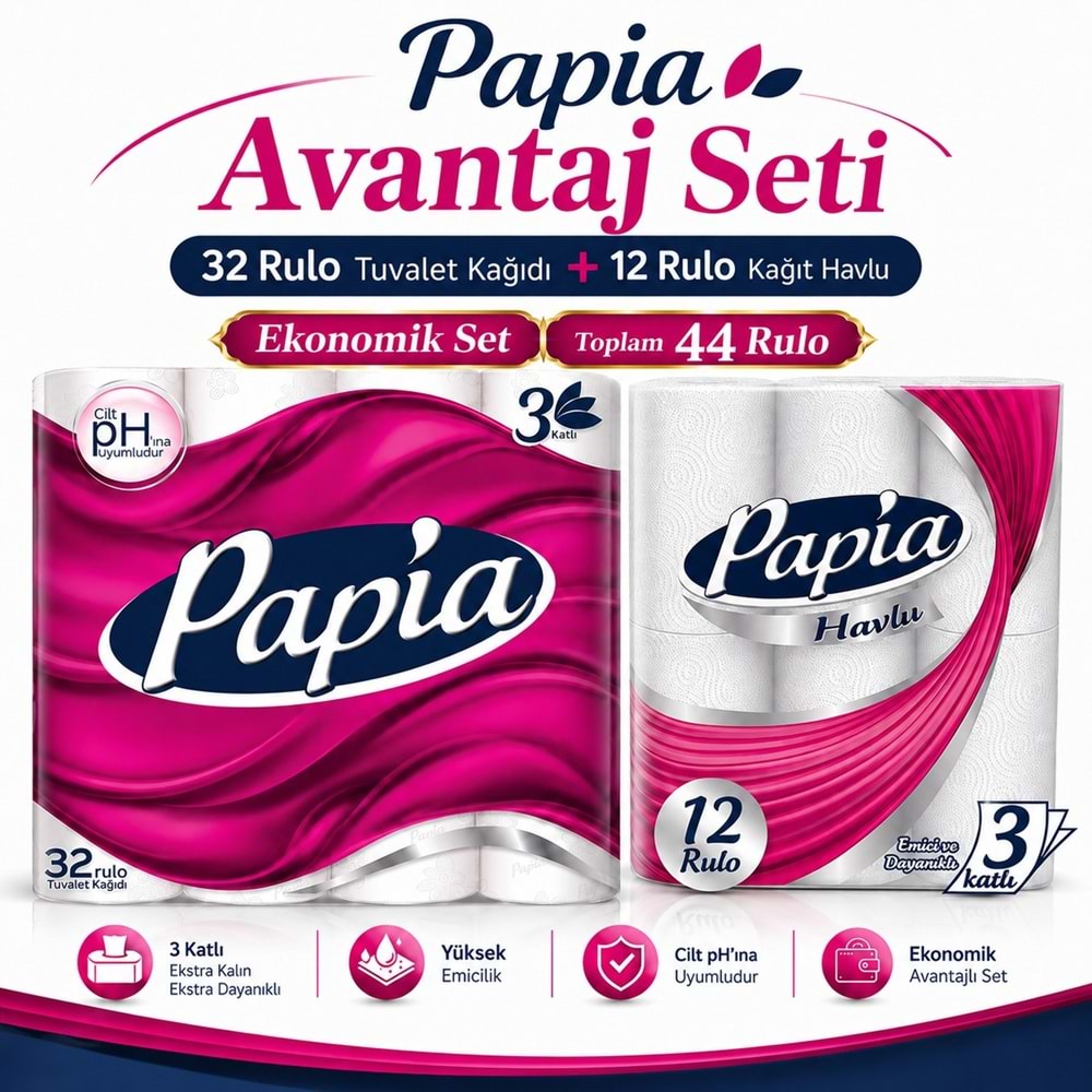 Papia Tuvalet Kağıdı (3 Katlı) 32 Li Pk + 12 Li Paket Kağıt Havlu Klasik (3 Katlı)