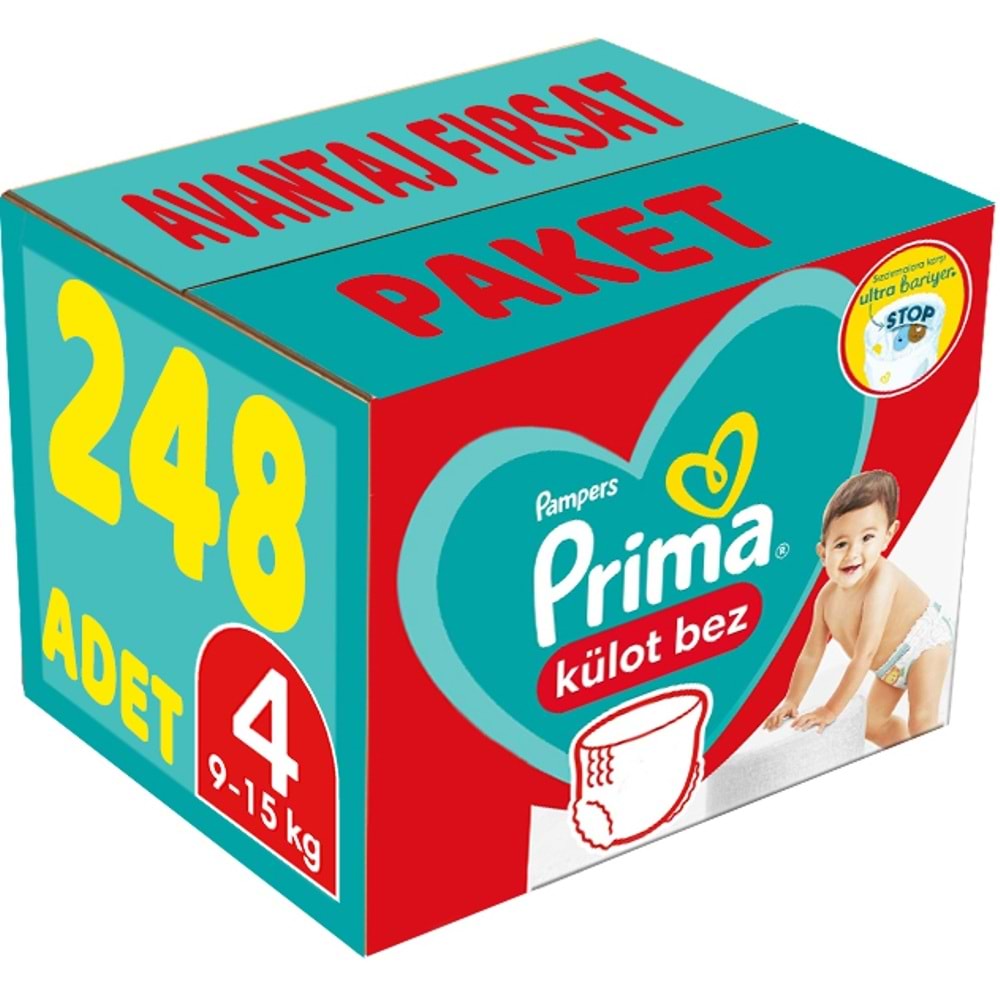 Prima Külot Bebek Bezi 4 Beden 9-15 KG Maxi 248 Adet Avantaj Fırsat Pk