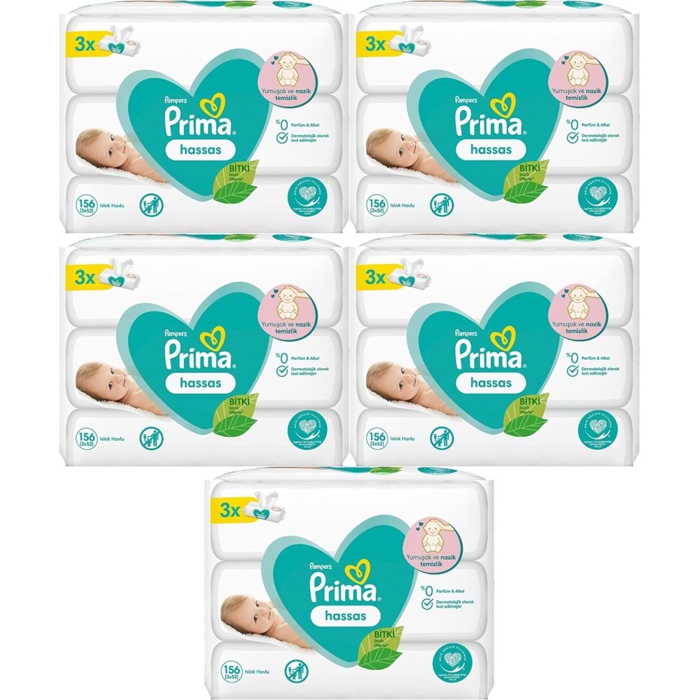 Prima Islak Havlu Mendil Hassas Ciltler İçin Bitki Bazlı Kokusuz (15 Li Set) (5PK*3) 780 Yaprak