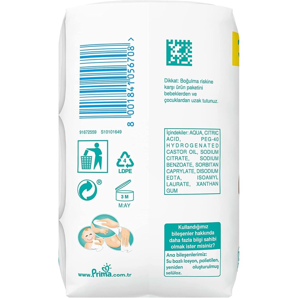 Prima Islak Havlu Mendil Hassas Ciltler İçin Bitki Bazlı Kokusuz (15 Li Set) (5PK*3) 780 Yaprak