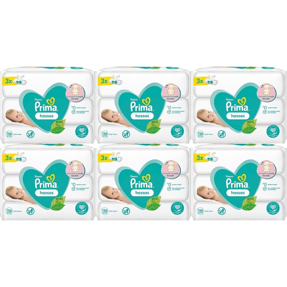 Prima Islak Havlu Mendil Hassas Ciltler İçin Bitki Bazlı Kokusuz (18 Li Set) (6PK*3) 936 Yaprak
