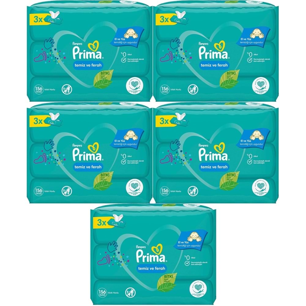 Prima Islak Havlu Mendil Temiz ve Ferah (Bitki Bazlı) 15 Li Set (5PK*3) 780 Yaprak