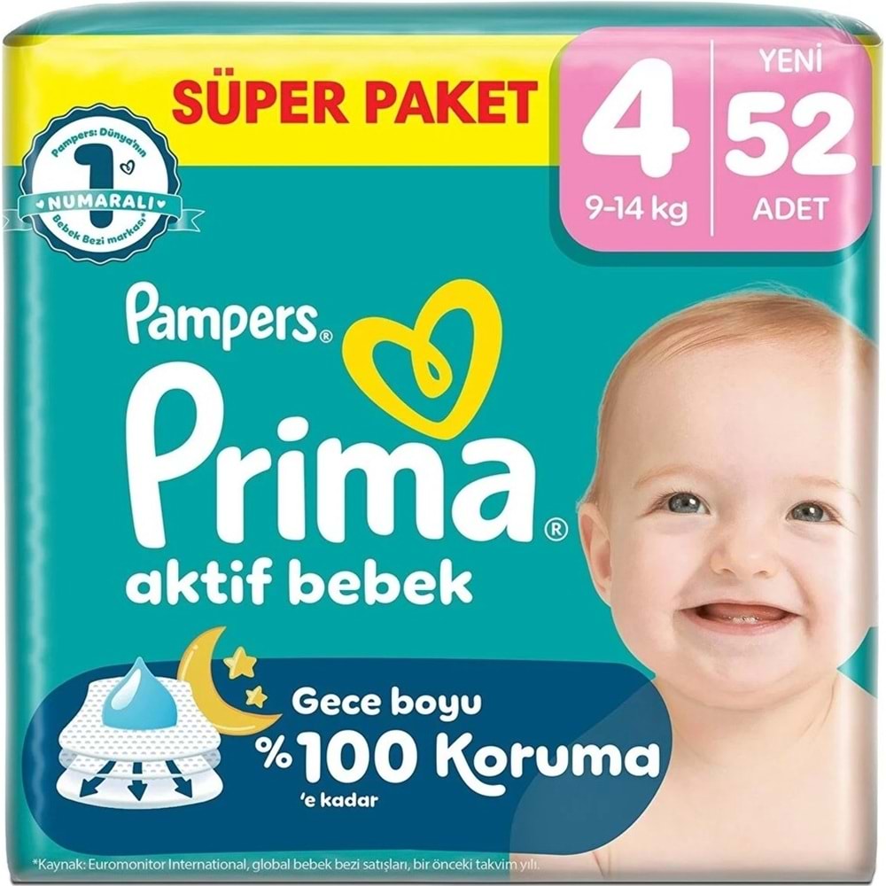 Prima Aktif Bebek Bebek Bezi 4 Beden 9-14 KG Maxi 156 Adet Süper Fırsat Pk