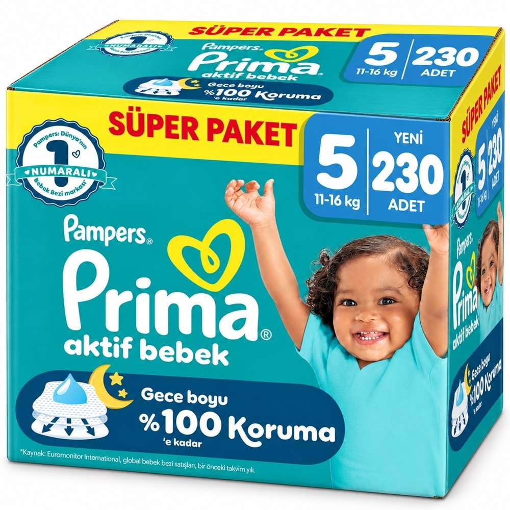 Prima Aktif Bebek Bebek Bezi 5 Beden 11-16 KG Junior 230 Adet Süper Mega Pk