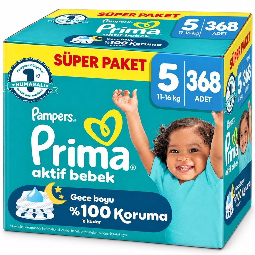 Prima Aktif Bebek Bebek Bezi 5 Beden 11-16 KG Junior 368 Adet Süper Ultra Pk