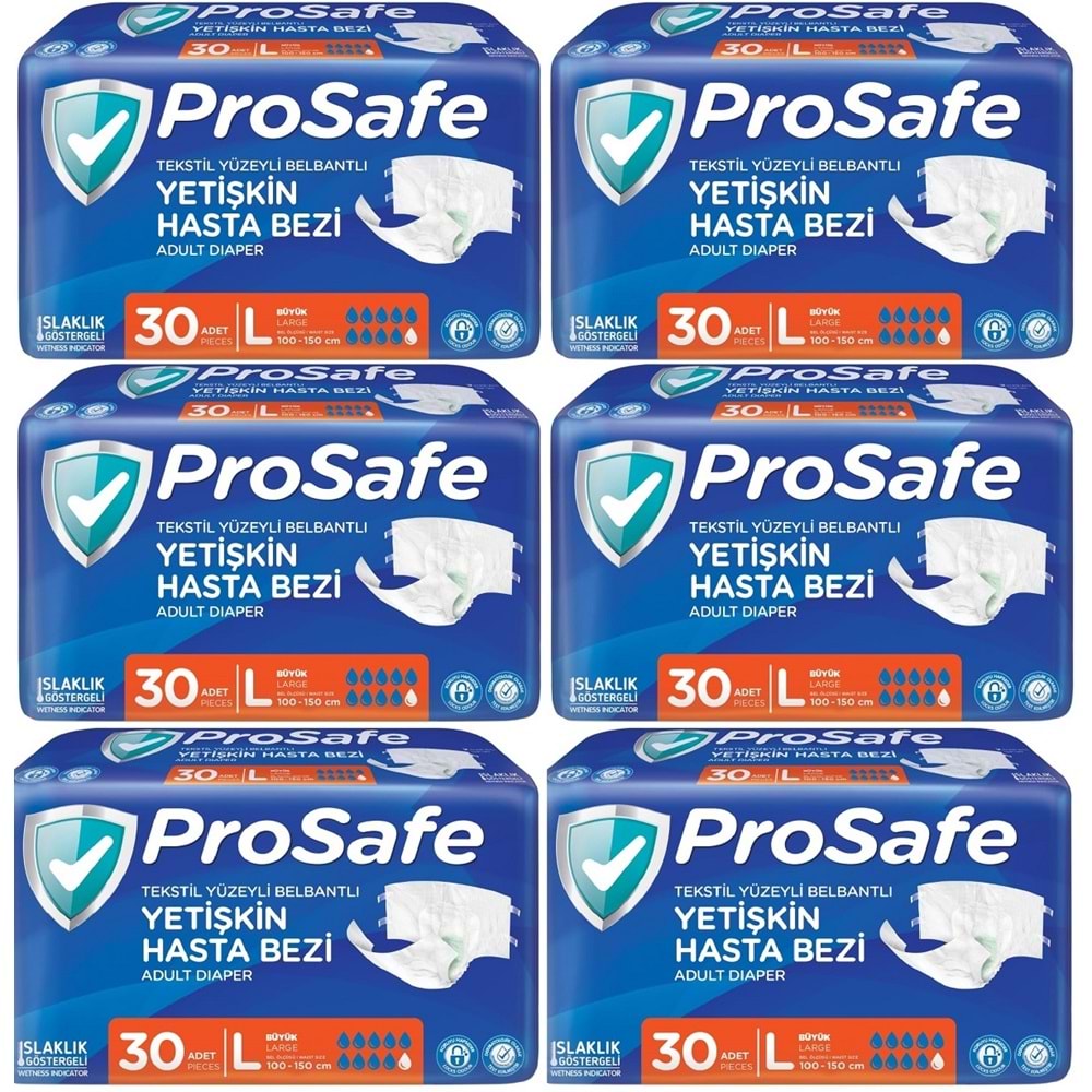 Prosafe Hasta Bezi Yetişkin Bel Bantlı Tekstil Yüzey L - Large - Büyük Boy 180 Adet (6PK*30)