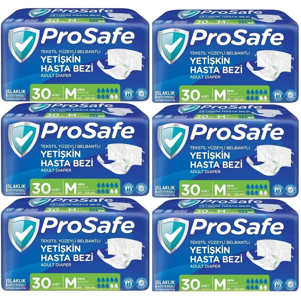 Prosafe Hasta Bezi Yetişkin Bel Bantlı Tekstil Yüzey M - Medium - Orta Boy 180 Adet (6PK*30)