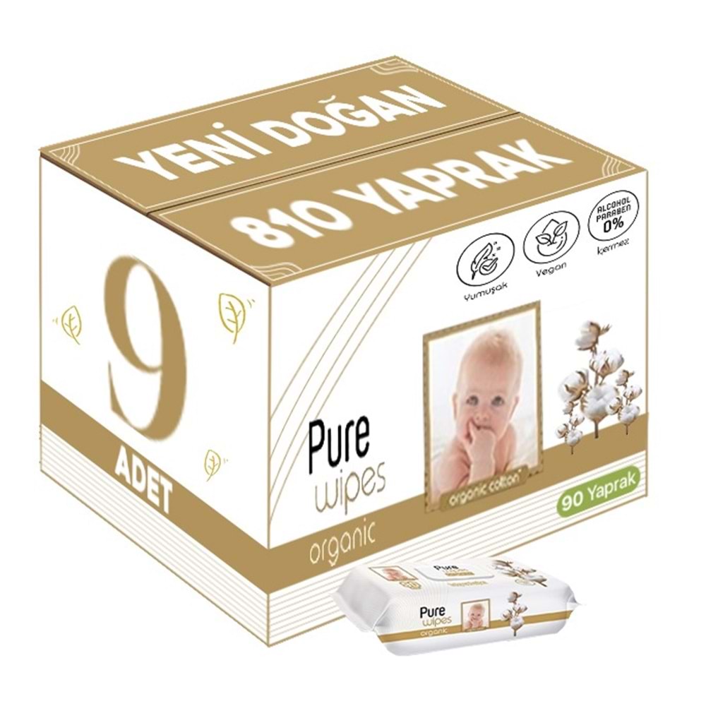 Pure Baby Islak Havlu Mendil 90 Yaprak Yenidoğan Organic Pamuklu (9 Lu Set) 810 Yaprak Plstk Kapak