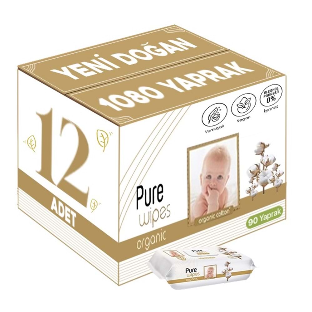 Pure Baby Islak Havlu Mendil 90 Yaprak Yenidoğan Organic Pamuklu (12 Li Set) 1080 Yaprak Plstk Kapak