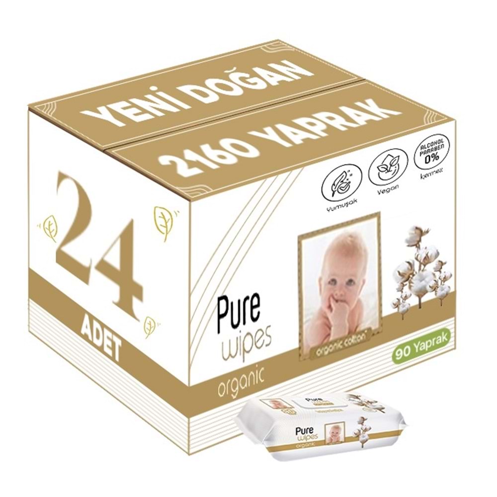 Pure Baby Islak Havlu Mendil 90 Yaprak Yenidoğan Organic Pamuklu (24 Lü Set) 2160 Yaprak Plstk Kapak