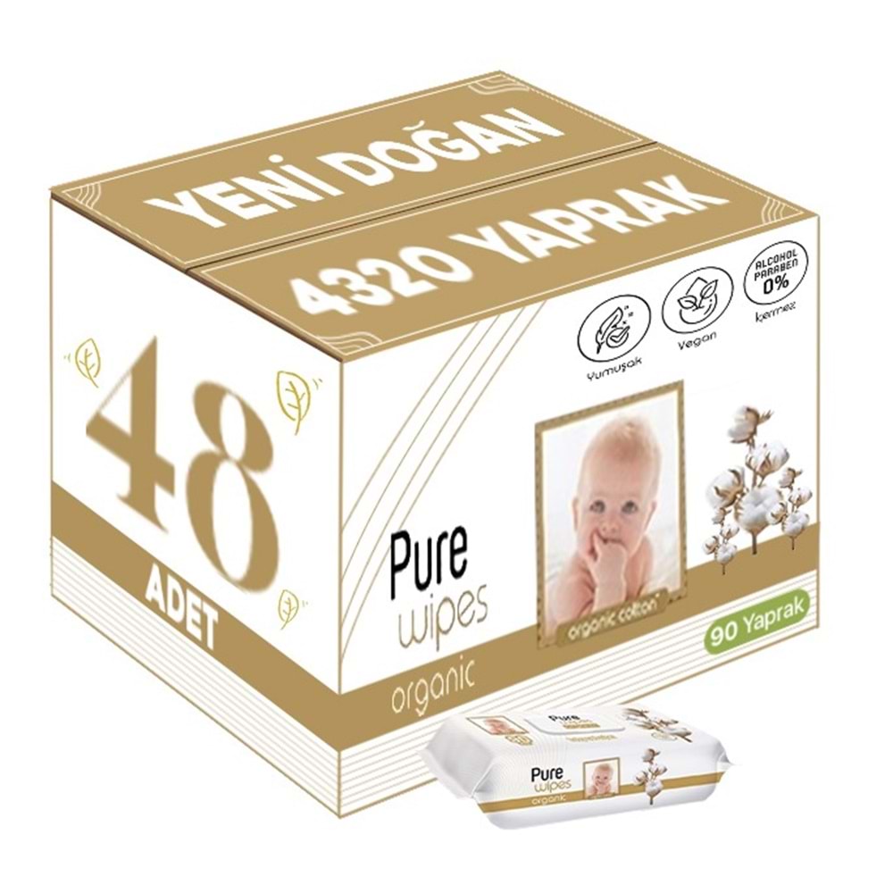 Pure Baby Islak Havlu Mendil 90 Yaprak Yenidoğan Organic Pamuklu (48 Li Set) 4320 Yaprak Plstk Kapak