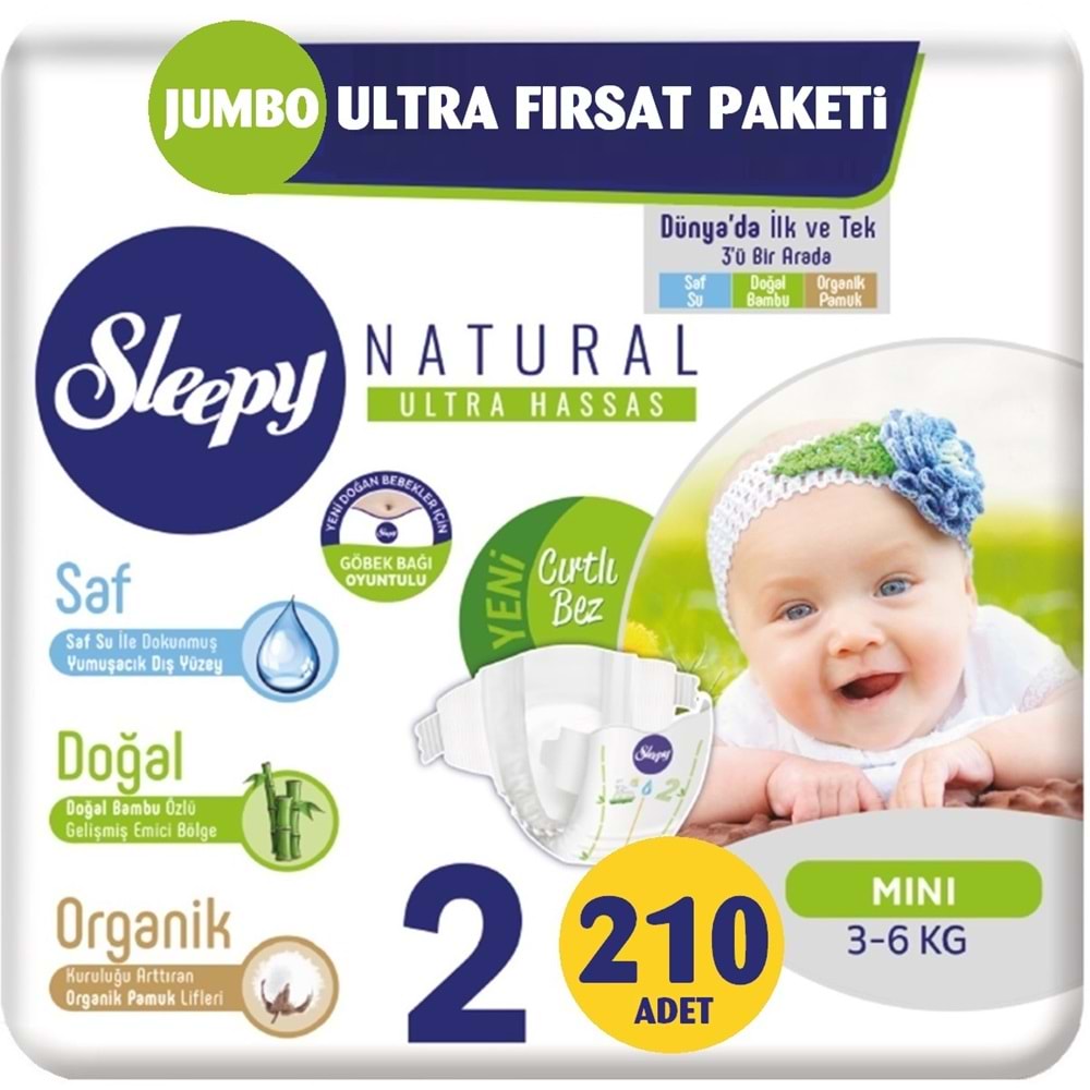 Sleepy Bebek Bezi Naturel Beden:2 (3-6Kg) Mini 210 Adet Jumbo Ultra Fırsat Pk