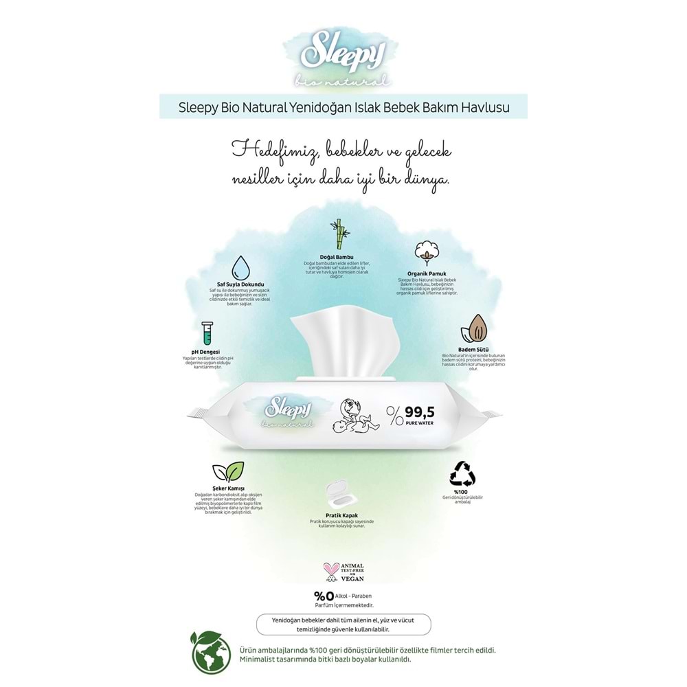 Sleepy Islak Havlu Mendil Bio Natural 40 Yaprak Yeni Doğan (48 Li Set) Plastik Kapaklı 1920 Yaprak