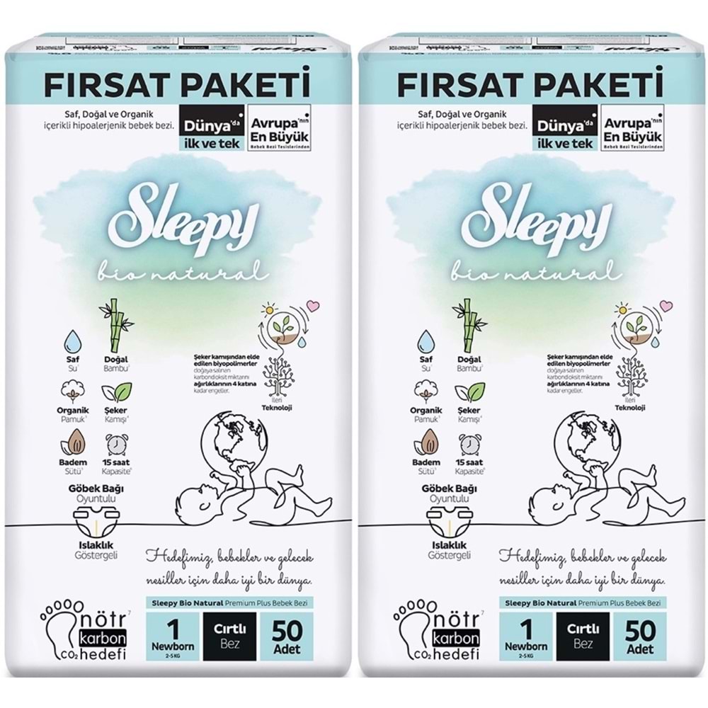 Sleepy Bebek Bezi Bio Natural Beden:1 (2-5KG) Yeni Doğan Newborn 100 Adet Ekonomik Fırsat Pk