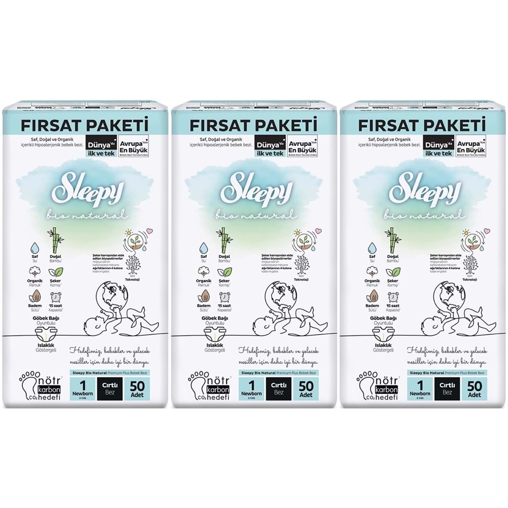 Sleepy Bebek Bezi Bio Natural Beden:1 (2-5KG) Yeni Doğan Newborn 150 Adet Aylık Fırsat Pk
