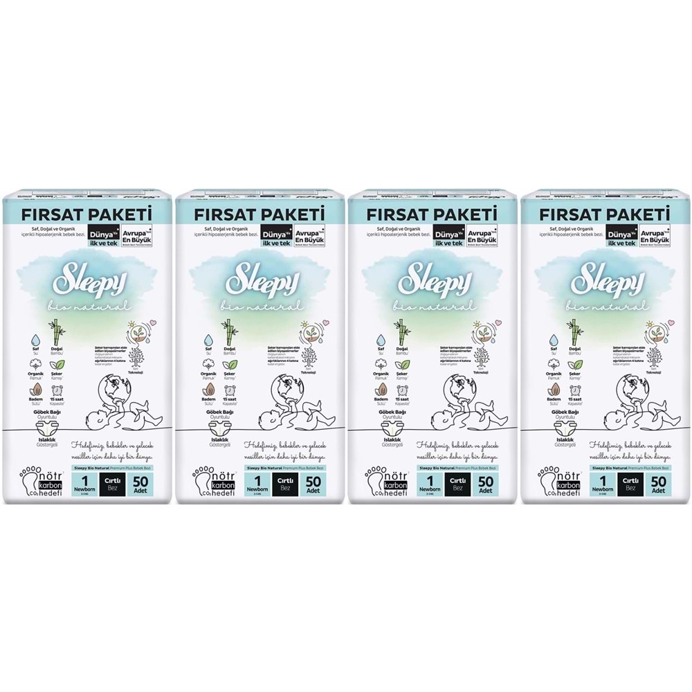 Sleepy Bebek Bezi Bio Natural Beden:1 (2-5KG) Yeni Doğan Newborn 200 Adet Avantaj Fırsat Pk