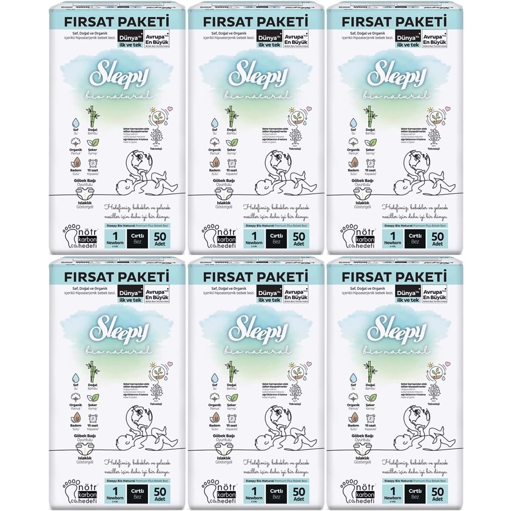 Sleepy Bebek Bezi Bio Natural Beden:1 (2-5KG) Yeni Doğan Newborn 300 Adet Ekstra Fırsat Pk