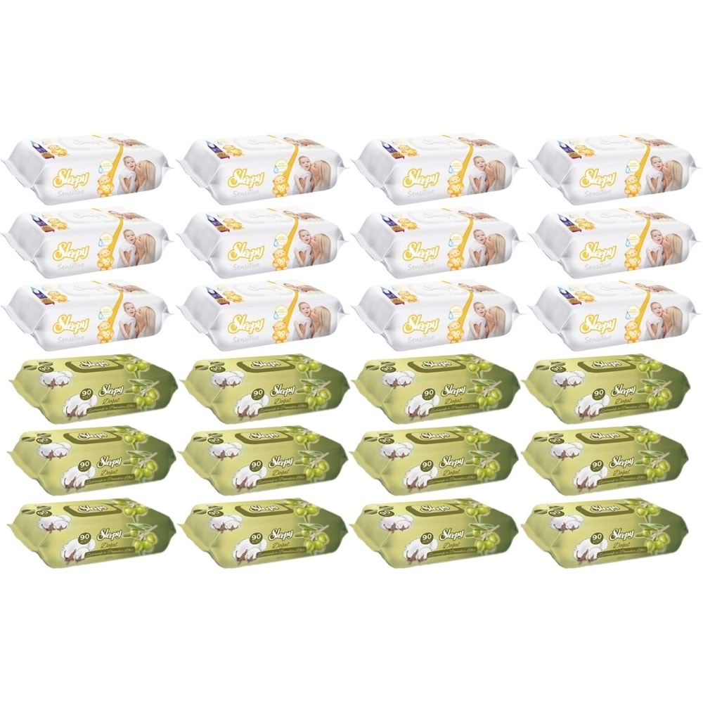 Sleepy Islak Havlu Mendil 90 Yaprak Karma (24 Lü Set) Sensitive & Pamuk-Zeytinyağlı 2160 Yaprak