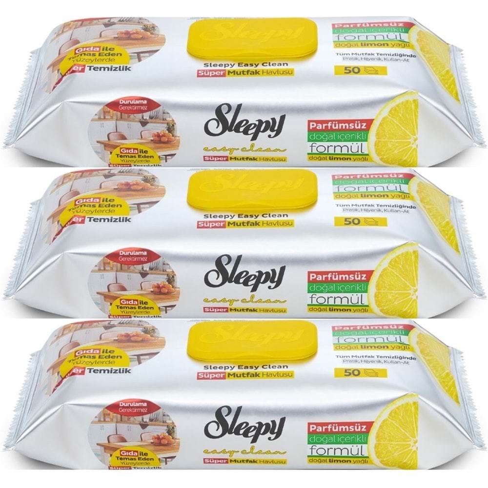 Sleepy Easy Clean Yüzey Temizlik Mutfak Havlusu -Mendili 50 Yaprak Limon Yağlı (3Lü Set) 150 Yaprak