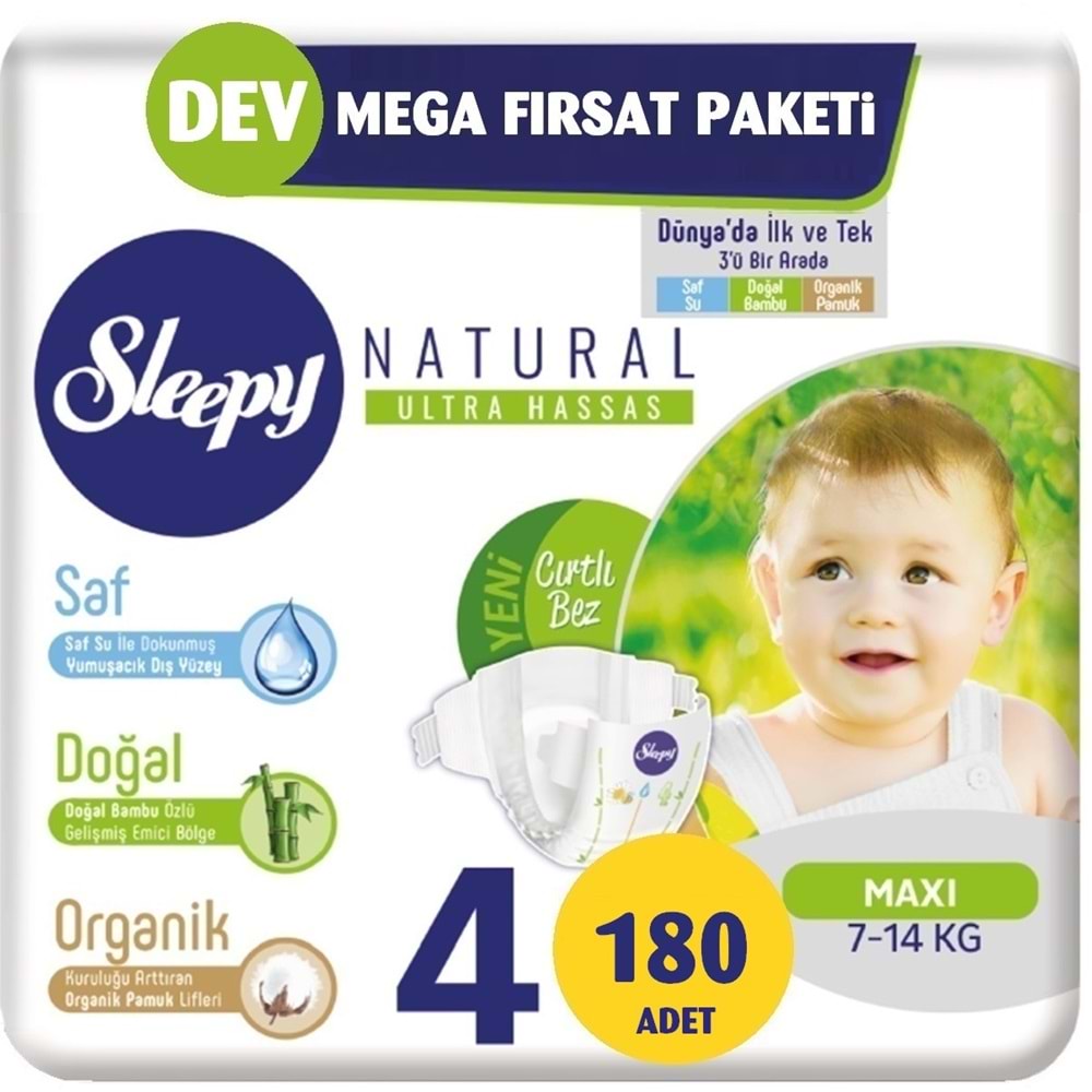 Sleepy Bebek Bezi Naturel Beden:4 (7-14Kg) Maxi 180 Adet 2 Li Jumbo Pk Serisi (3 Lü Set)