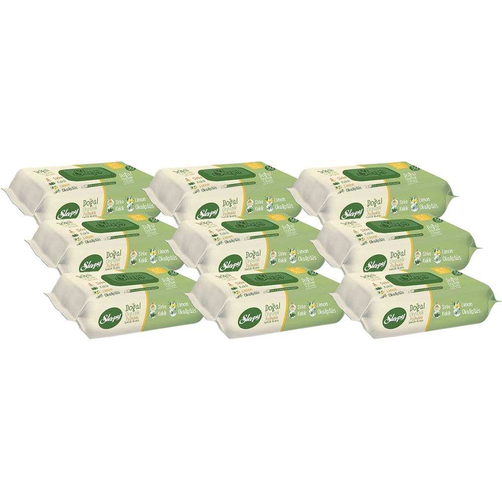 Sleepy Islak Havlu Mendil Doğal Organik Pamuklu 50 Yaprak Plastik Kapaklı (9 Lu Set) 450 Yaprak