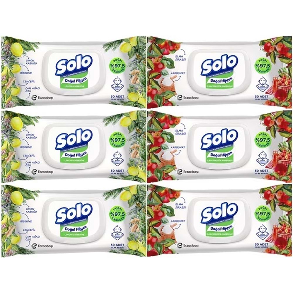 Solo Islak Havlu Mendil 50 Yaprak Limon & Biberiye-Elma Sirkesi & Karbonat (6 Lı Karma Set)