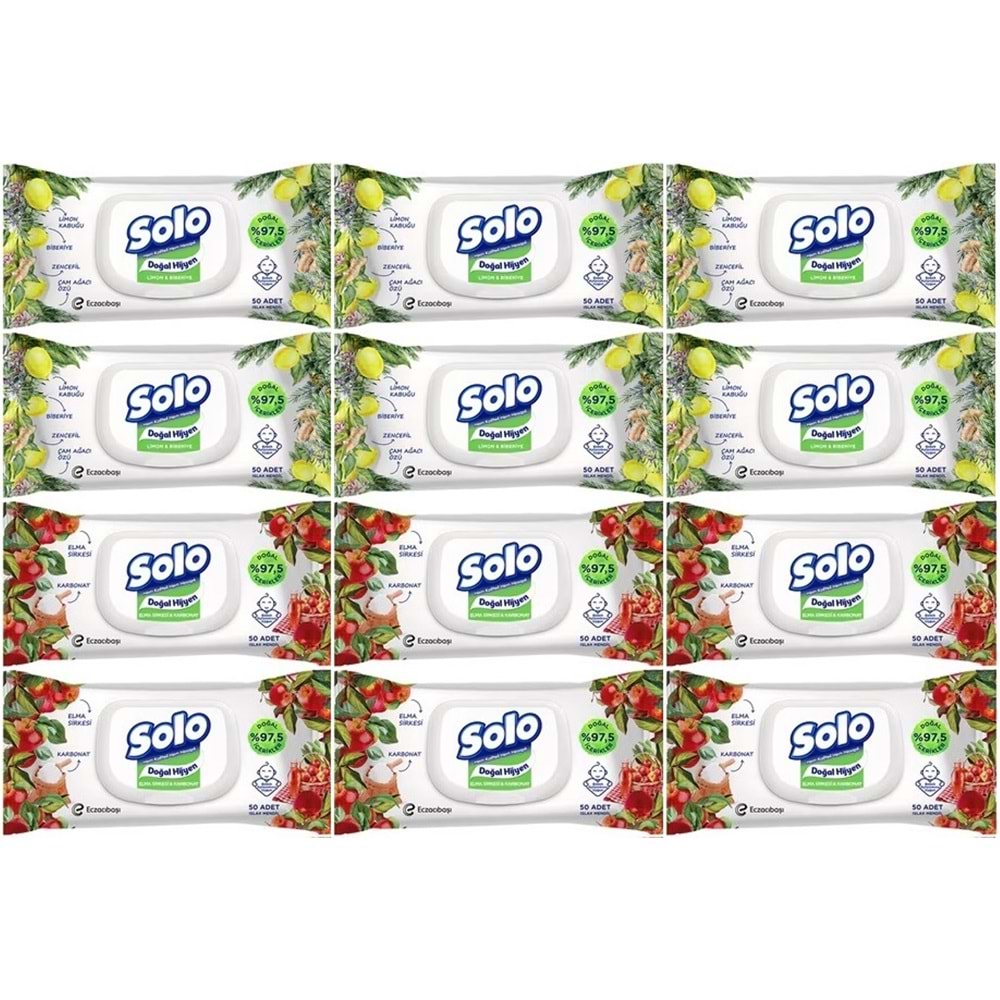 Solo Islak Havlu Mendil 50 Yaprak Limon & Biberiye-Elma Sirkesi & Karbonat (12 Li Karma Set)