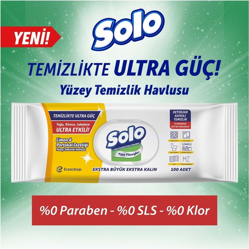 Solo Yüzey Temizlik Havlusu - Mendili 100 Yaprak Limon & Portakal Tazeliği (3 Lü Set) 300 Yaprak