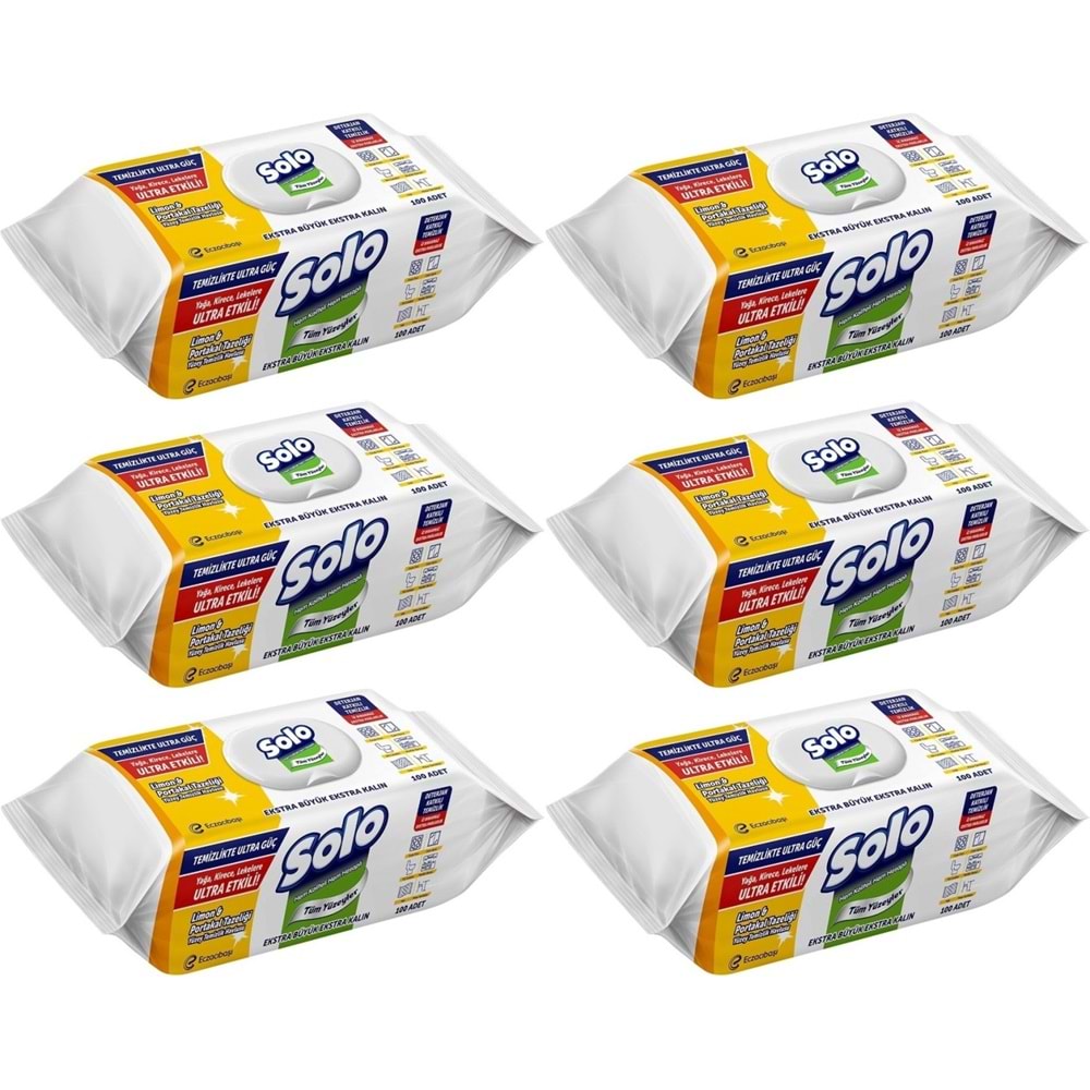Solo Yüzey Temizlik Havlusu - Mendili 100 Yaprak Limon & Portakal Tazeliği (6 Lı Set) 600 Yaprak