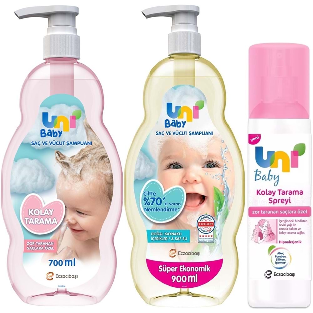 Uni Baby (3 Lü Avantaj Set) Bebek Şampuan 900ML+ Kolay Tarama Şampuanı 700ML+ Saç Tarama Sprey 200ML