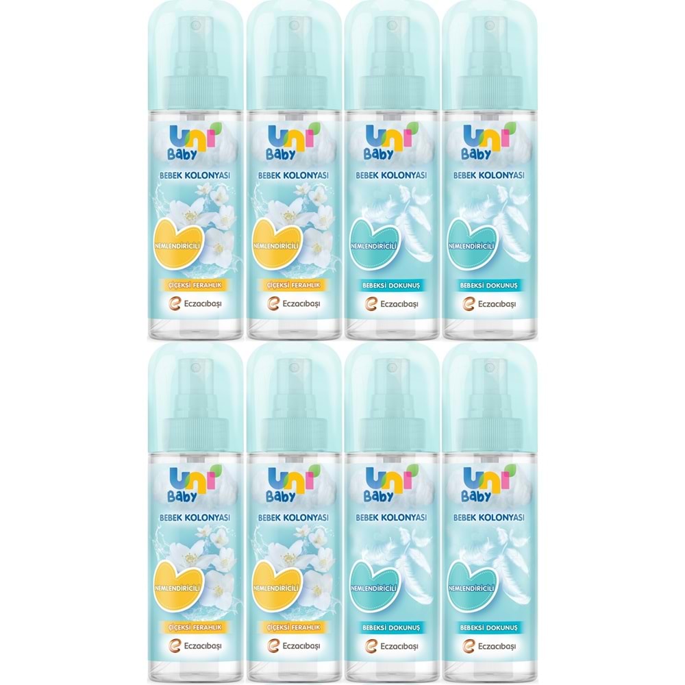 Uni Baby Bebek Kolonyası 150ML Karma Set Nemlendiricili (Bebeksi Dokunu/Çiçeksi Ferahlık) (8 Li Set)