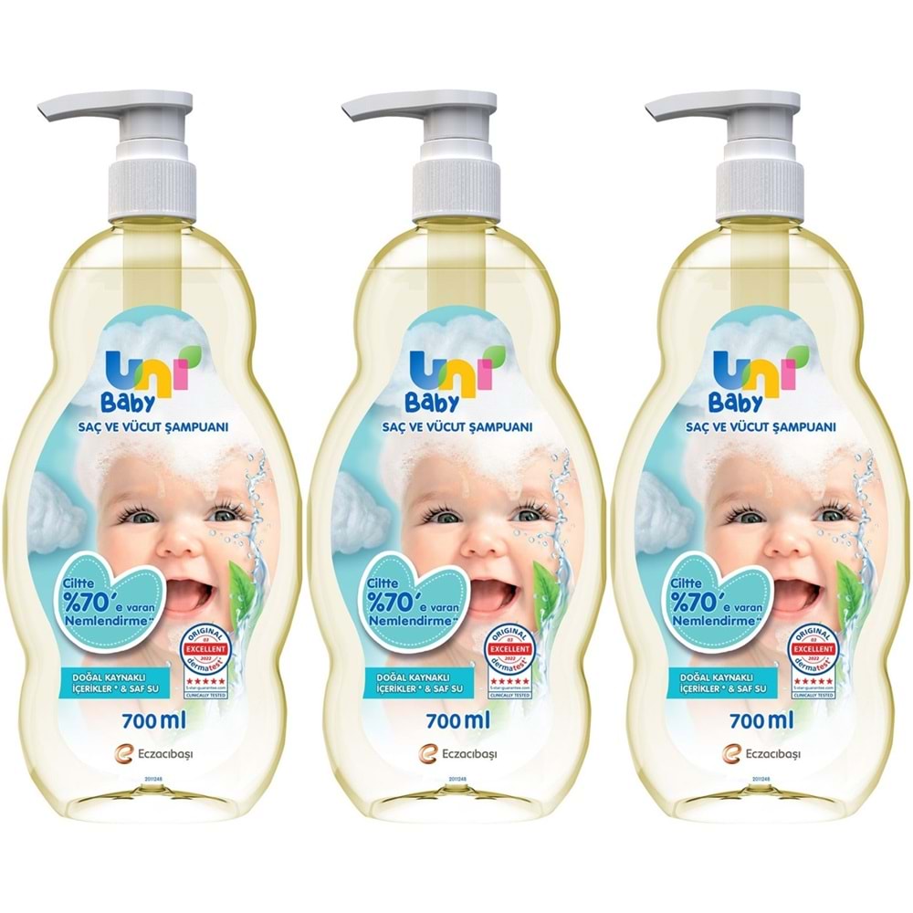 Uni Baby Bebek Saç ve Vücut Şampuanı 700ML Klasik (Pompalı) (3 Lü Set)