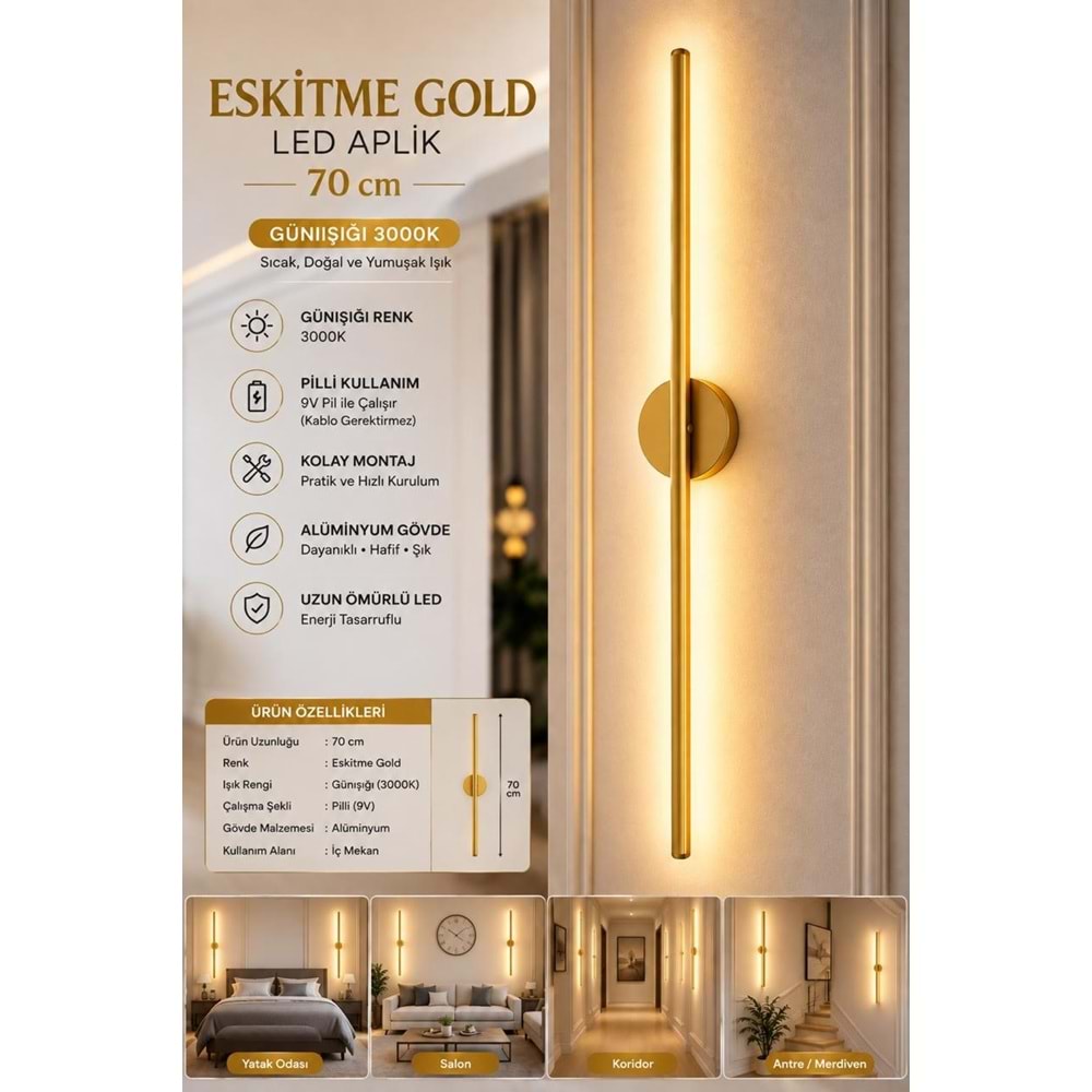MANDAŞ Eskitme Gold Gün Işığı 70 CM Led Duvar Aplik 3 Adet Pilli Kablosuz Kullanım Tak-Çalıştır