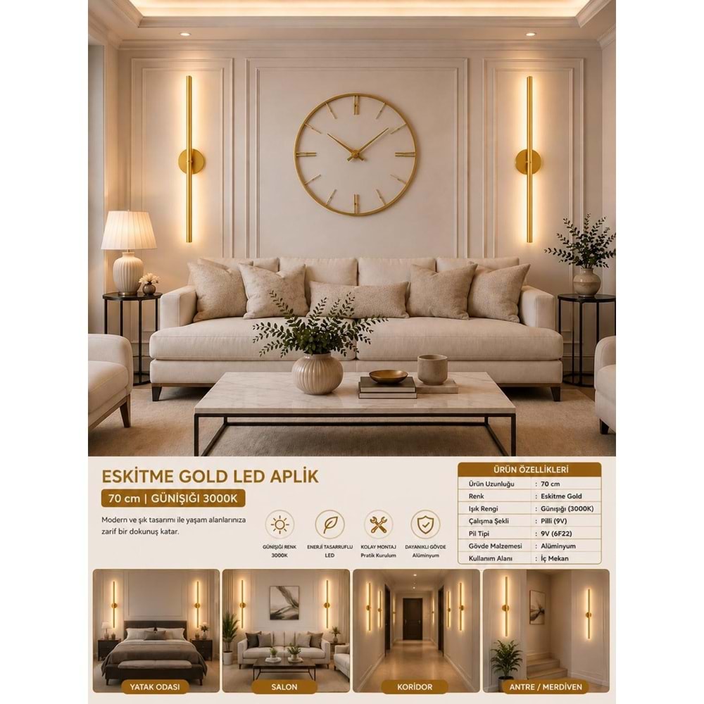 MANDAŞ Eskitme Gold Gün Işığı 70 CM Led Duvar Aplik 3 Adet Pilli Kablosuz Kullanım Tak-Çalıştır