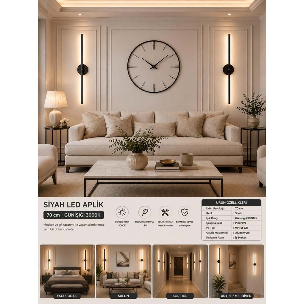 MANDAŞ Siyah Gün Işığı 70 CM Led Duvar Aplik 3 Adet|Pilli Kablosuz Kullanım Tak-Çalıştır