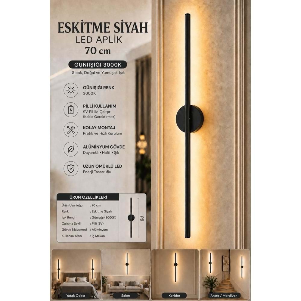 MANDAŞ Siyah Gün Işığı 70 CM Led Duvar Aplik 4 Adet|Pilli Kablosuz Kullanım Tak-Çalıştır