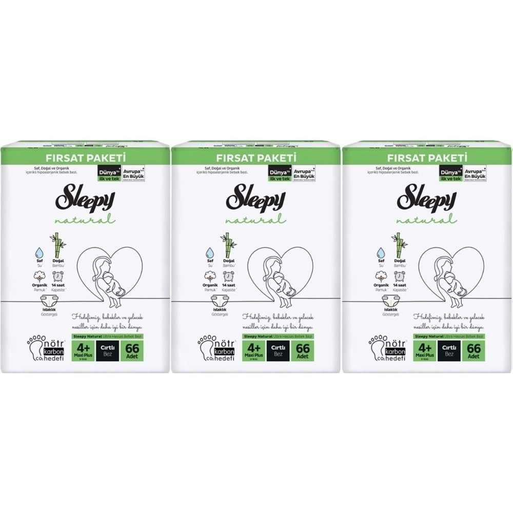 Sleepy Bebek Bezi Naturel Beden:4+ (9-16KG) Maxi Plus 198 Adet Aylık Fırsat Pk
